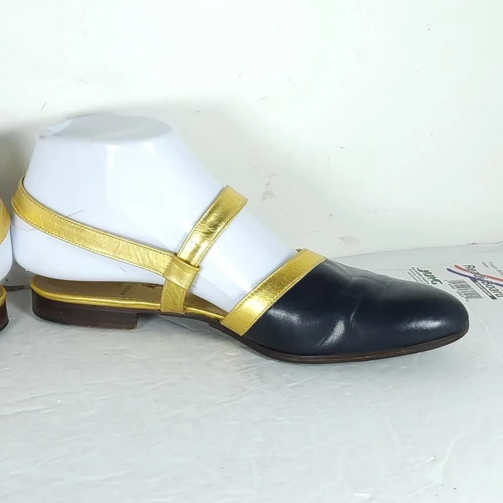 Ralph Lauren Women's Vtg US 7D Black Gold Leather Slingback Flats Sandals Shoes